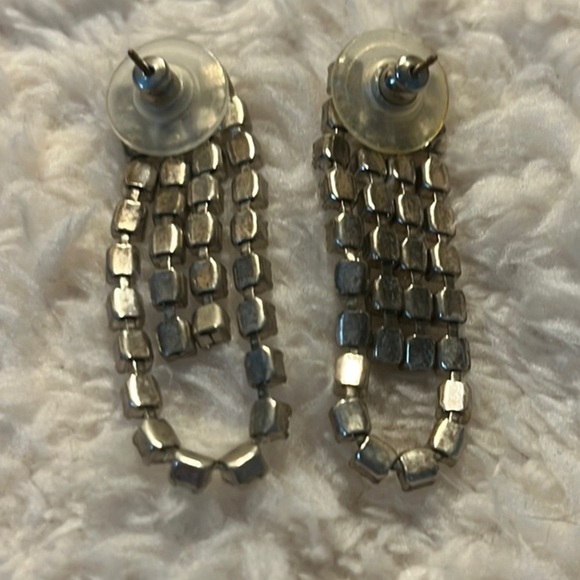 Vintage  Blue and Clear Rhinestone Silver Dangle Pierced Earrings - Picture 2 of 4